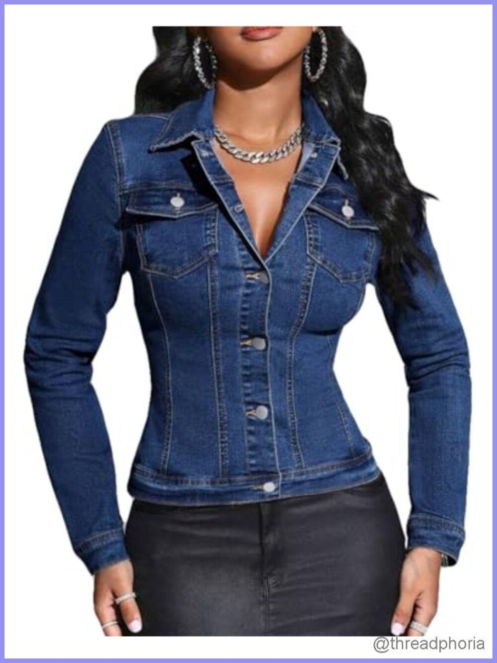 Cropped Denim Jacket Slim Fitted Stretchy Button Down with Pockets